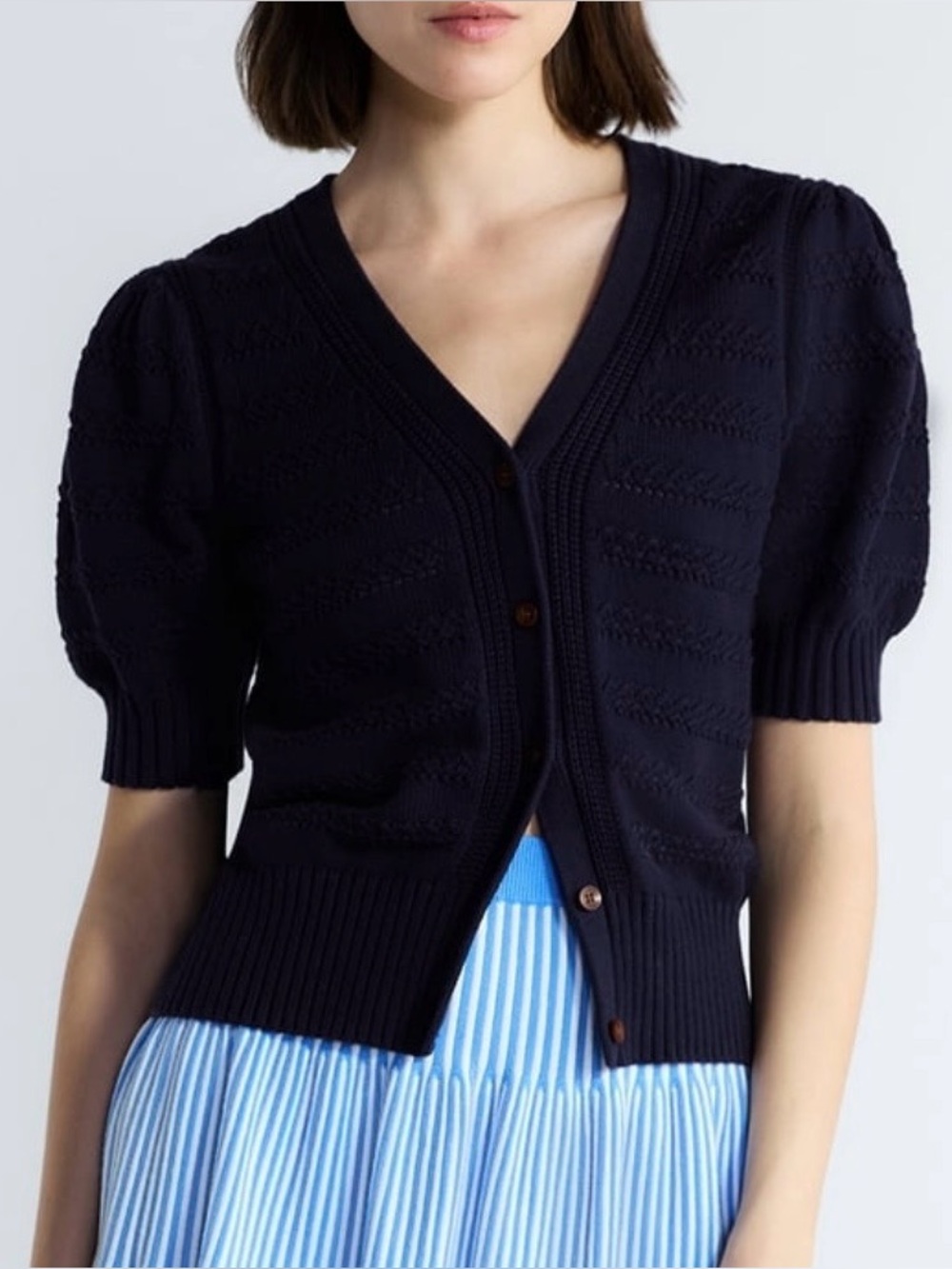 Free Assembly Cotton Crochet Button Front Cardigan Sweater W/Puff Sleeves